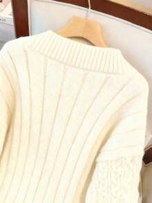 GlowEve CURVE 女士优雅纯色麻花针织宽松长袖加大码毛衣，适合外穿，秋冬季 - 杏色 - 查看 3