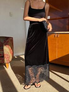 Livesso Women's Velvet & Lace Patchwork Skirt, Autumn/Winter Valentine's Day - Black - View 5