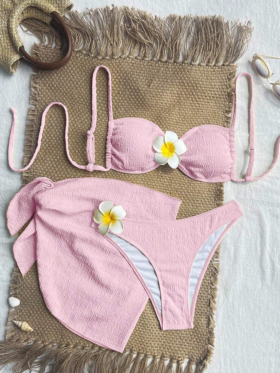 Swim Vcay Bộ bikini 3 mảnh màu vàng kem, chất liệu vải dệt họa tiết hoa, hở lưng, buộc dây, gợi cảm, ngọt ngào, giản dị dành cho nữ, thích hợp cho bãi biển và kỳ nghỉ. - Hồng - Xem 1