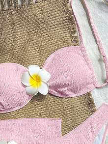 Swim Vcay Bộ bikini 3 mảnh màu vàng kem, chất liệu vải dệt họa tiết hoa, hở lưng, buộc dây, gợi cảm, ngọt ngào, giản dị dành cho nữ, thích hợp cho bãi biển và kỳ nghỉ. - Hồng - Xem 3