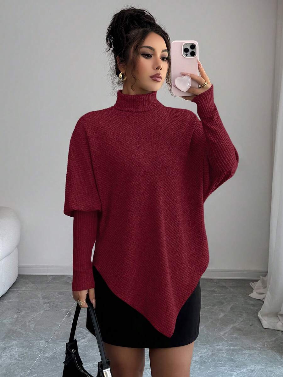 Elenzga Elegant Design Asymmetrical Hem Faux Knit Fuzzy Ribbed Turtleneck Versatile Women's T-Shirt - Burgundy - View 1