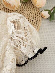 1pc Girls Summer New Collared Lace Trim Front Bow Tie Waist Elastic Lace Fabric Elegant Versatile Casual Dress, Suitable For Daily, Commute, Vacation, Birthday Floral Pattern Lace Dress Toddler Girl Cream Dress Ivory Kids Dress Young Girl Lace Dress Cream Dresses For Girls - Apricot - View 9