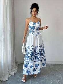 SHEIN Elenzya 优雅浪漫度假风白色底蓝色印花吊带连衣裙（女款） - 藍白色 - 查看 6
