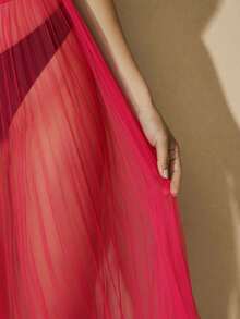 Hauture 女士性感透视褶皱网纱长裙 - 紅色 - 查看 5