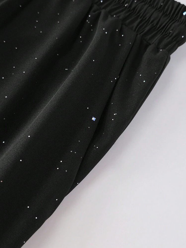 SHEIN PETITE Pantalones rectos de mujer de talla pequeña tejidos con motas metálicas - Negro - Añade 5