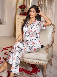 Fashionable Lip & Letter Print Faux Silk Lapel Collar Short Sleeve Pajama Set - White - View 4