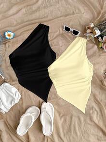 Soleia 2pcs Women's Solid Color Ruched Asymmetric Hem Fashionable Versatile Vacation Tops Spring - Multicolor - View 8