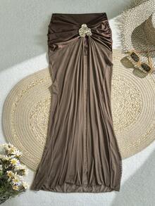 Swim Chiccia 纯色网纱拼接金属花朵装饰女士沙滩度假泳装优雅纱笼裙 - 棕色 - 查看 4