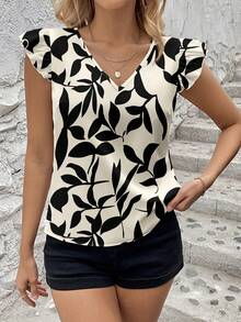 SHEIN Clasi Áo kiểu nữ màu kaki ấm áp, dáng suông, cổ điển, thanh lịch, đa năng, phù hợp cho mùa xuân/hè, với họa tiết lá cây. Áo có cổ chữ V, tay ngắn rộng rãi, thoải mái, thích hợp cho mùa xuân/hè. - Nhiều màu - Xem 3