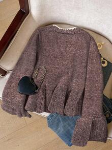 SHEIN Frenchy Women's Casual Contrast Color Trim Tie Front Flare Sleeve Cardigan, Autumn/Winter Brown - Brown - View 2