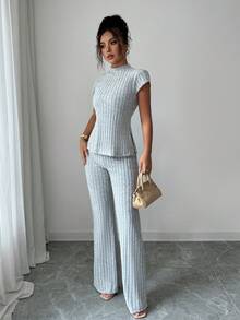 SHEIN PETITE 2pcs Women Casual Elegant Ribbed Short Sleeve Top And Pants Set - Grey - View 7