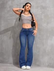 Flirla Plus Size Women Retro Casual Elastic Fitted Flare Jeans, Versatile Cowgirl Rodeo Everyday Navy Blue Winter - Medium Wash - View 4
