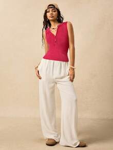 Easelle 休闲复古罗纹无袖红色女式T恤 - 紅色 - 查看 4