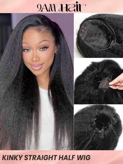 Kinky Straight Half Wig Human Hair 3 In 1 Seamless Flip Over Half Wigs Human Hair Glueless Wigs Wear And Go Beginner Friendly Kinky Straight Wig Human Hair Drawstring Headband Wig For Women