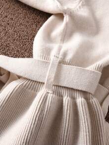 Sparklyn 女童两件套毛衣套装，V领针织上衣和裤子，时尚收腰设计，居家、户外、旅行皆宜，秋冬季针织套装休闲两件套，长袖系带上衣，女式两件套裤装 - 杏色 - 查看 4