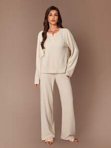 Lazeform Women's Casual Fuzzy Knit Crew Neck Button-Up Long Sleeve Pants Loungewear Set Cozy Sets Women 2 Piece Lounge Sets Woman Lounge Wear Women Set Long Sleeve Lounge Set - Apricot - View 1