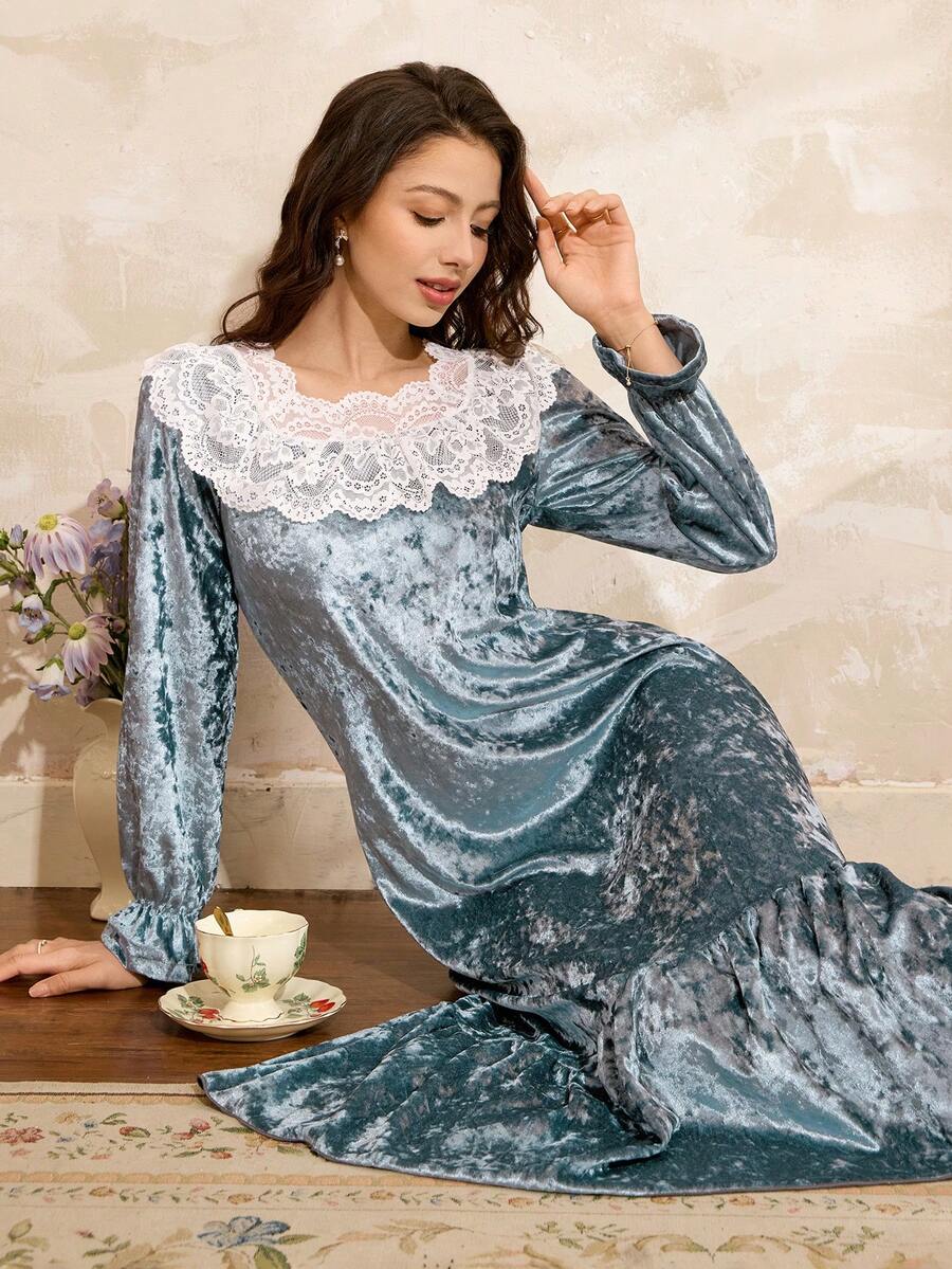 Váy Maxi Dài Cạp Rộng Phối Ren & Nhung Thanh Lịch Kiểu Pháp Côtesoire, Váy Ngủ Quyến Rũ Cho Nữ Mùa Thu/Đông - Màu xanh bụi bặm - Xem 1