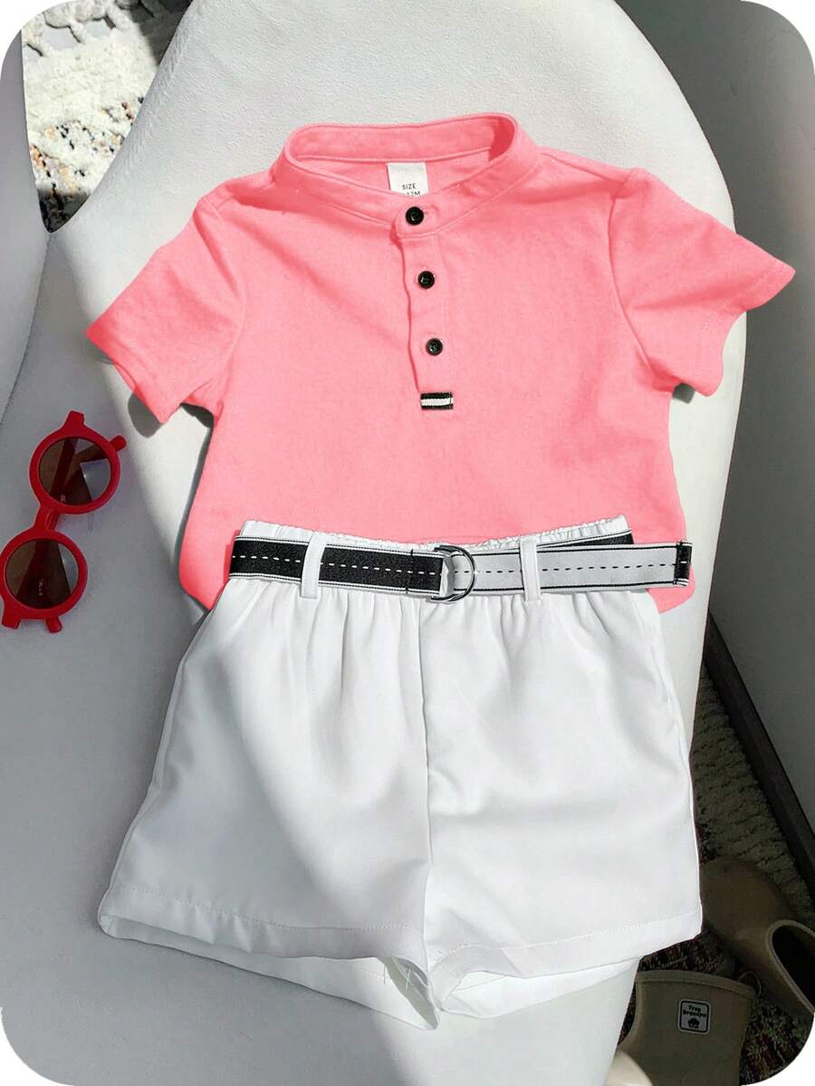 SHEIN 2pcs/Set Baby Boy Comfortable Casual Versatile Daily Fashion Minimalist Style Red Collar Short Sleeve T-Shirt POLO Knit Top And White Shorts Pants With Belt Multi-Piece Suit Uniform Formal Wear, Suitable For Indoor, Outdoor, Daily, Sports, Play, Party, Photo Shoot, Vacation, Holiday, Wedding, Baby Shower, Christening And 1st Birthday Celebration, Spring/Summer - Pink - View 1
