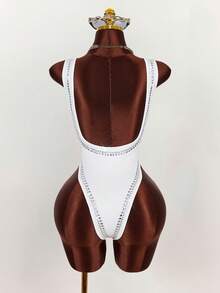 Amplova Sexy Rhinestone Embellished Backless Bodysuit For Women - White - View 4