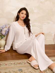 Côtesoire Elegant& Women's Cardigan Pajama Set,All White French Style Ruffle Lace Pj Set,Silk Lounge Wear Sets,Bridal Pajama Set For Lounge,Autumn,Elegant - White - View 4