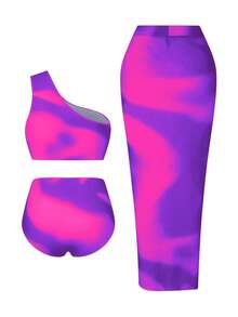 Swim Oasis 大码女士高端绿洲三件套：黄色渐变印花单肩褶皱高腰裤套装，搭配渐变印花网纱半身裙，夏季海滩度假风 - 彩色 - 查看 4