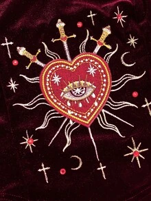 ROMWE Spring/Summervalentine's DaygraphicGothic Palace Style Women's Heart Embroidery, Rhinestone, Crystal Teardrop, Star Decor Black Halter Crop Top - Burgundy - View 8