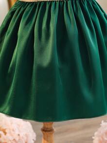 SHEIN Baby Girls' Emerald Green Summer Elegant Formal Wedding Dress,Vintage Golden Embroidered Puff Sleeve A-Line Ruffle Collar Sweet Cute Party Outfits - Dark Green - View 5