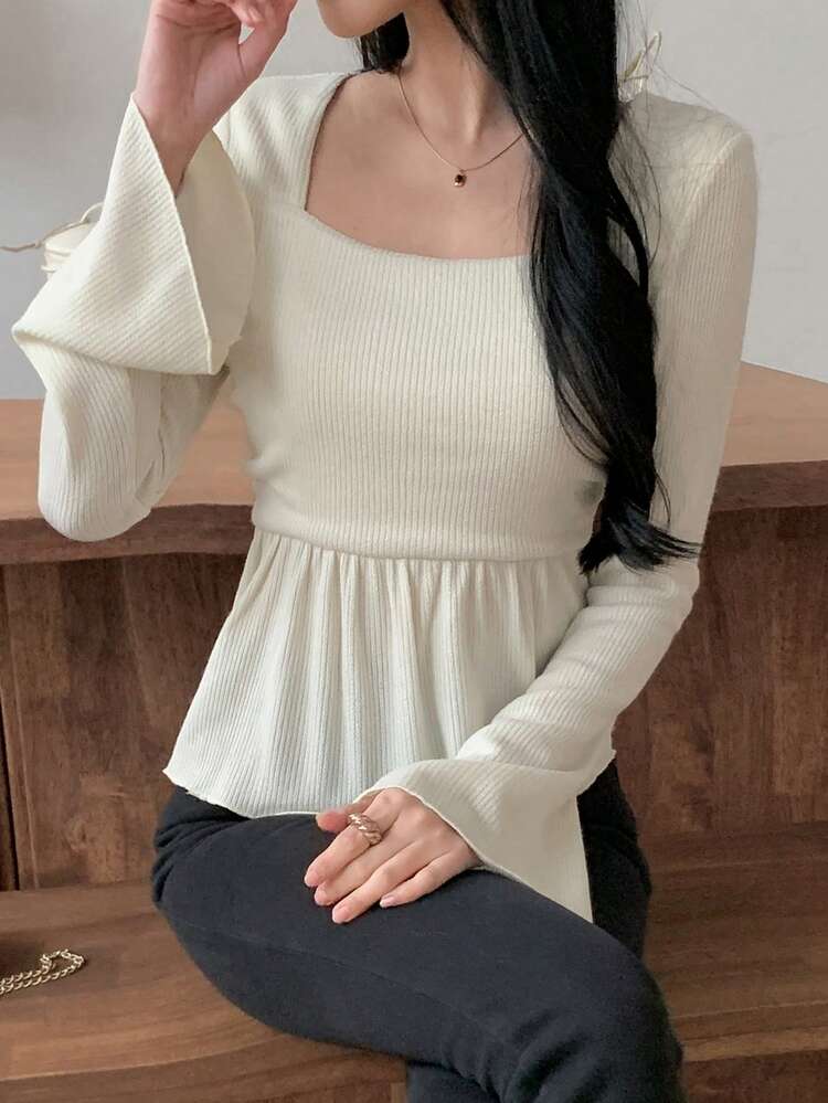 Women's Casual Solid Color Bell Sleeve T-Shirt Babydoll Top