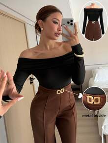Islaluna French Style Women's Jumpsuit Elegant Office,Shades Of Brown Autumn Knitted Black Top With Flowing Wide-Leg Pants And Metal Buckle Belt Set - Multicolor - View 2