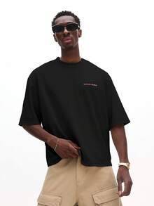 SUMWON 宽松版型超大印花圆领短袖T恤，都市街头风，休闲日常舒适上衣 - 黑色 - 查看 2