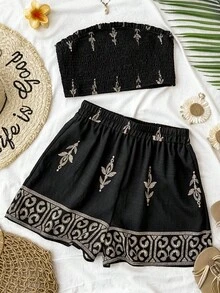 Travachic Women's Vacation Plant Print Tube Top And Shorts 2 Pieces Set - Black - View 1