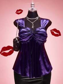 SHEIN ICON Áo không tay bằng satin màu tím cỡ lớn dành cho nữ, thiết kế xoắn ở phần ngực, kiểu áo babydoll dệt kim, phong cách Y2K, thích hợp cho mùa hè, lễ tốt nghiệp/mùa tựu trường, áo nữ dễ thương, kiểu babydoll, phù hợp cho các buổi tiệc và liên hoan. - Màu tím - Xem 3