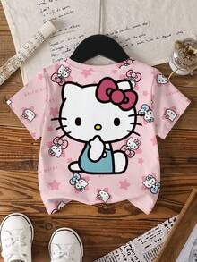 HELLO KITTY AND FRIENDS | SHEIN 少女可爱卡通星星字母印花短袖T恤，休闲日常通勤 - 白色 - 查看 2