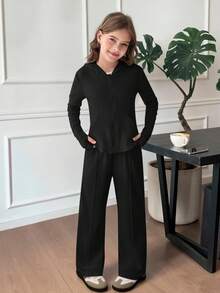 Tween Girls 2pcs Solid Drawstring Hoodie Top And Wide Leg Pants Set, Casual For Spring/Autumn, Daily Wear - Black - View 16