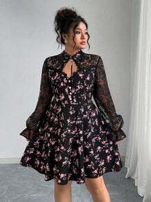 Elenzga 大码女式优雅花卉蕾丝收腰长袖休闲连衣裙，秋冬款 - 黑色 - 查看 4