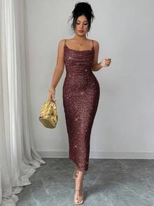 Elenzga 女士亮片吊带露背褶皱领口中长连衣裙，优雅法式复古简约百搭风格，适合冬季、万圣节、圣诞节、感恩节、下午茶会、半正式场合、性感派对、秋冬季穿着。 - 紫紅色 - 查看 5