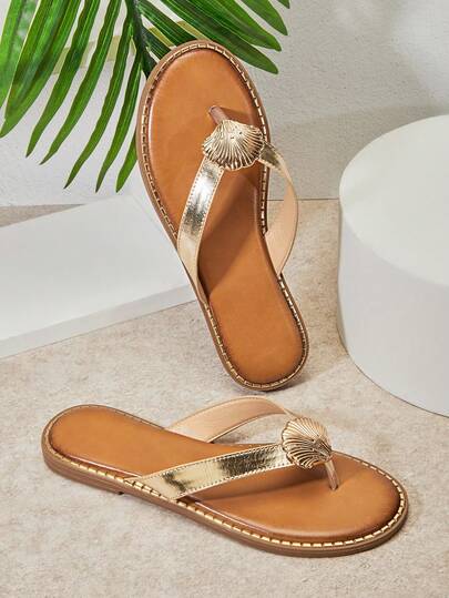 SHUZIA Women's Round Toe Gold Seashell Decor&Studded Trim Metallic Pu Gold Flat Thong Flip-Flop Sandals– Beach-Chic, Elegant & Comfortable.