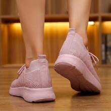 Mujer Zapatillas Deportivas De Tejido De Punto Transpirable Con Cordones Suela Gruesa Rosa - Rosa - Ver 2