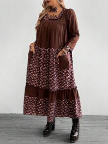 Whyspr Vintage Floral Patchwork Chocolate Brown Dress For Women,Peter Pan Collar Loose Casual Elegant Boho Autumn Picnic Dress,Versatile Straight Maxi Dress - Multicolor - View 3