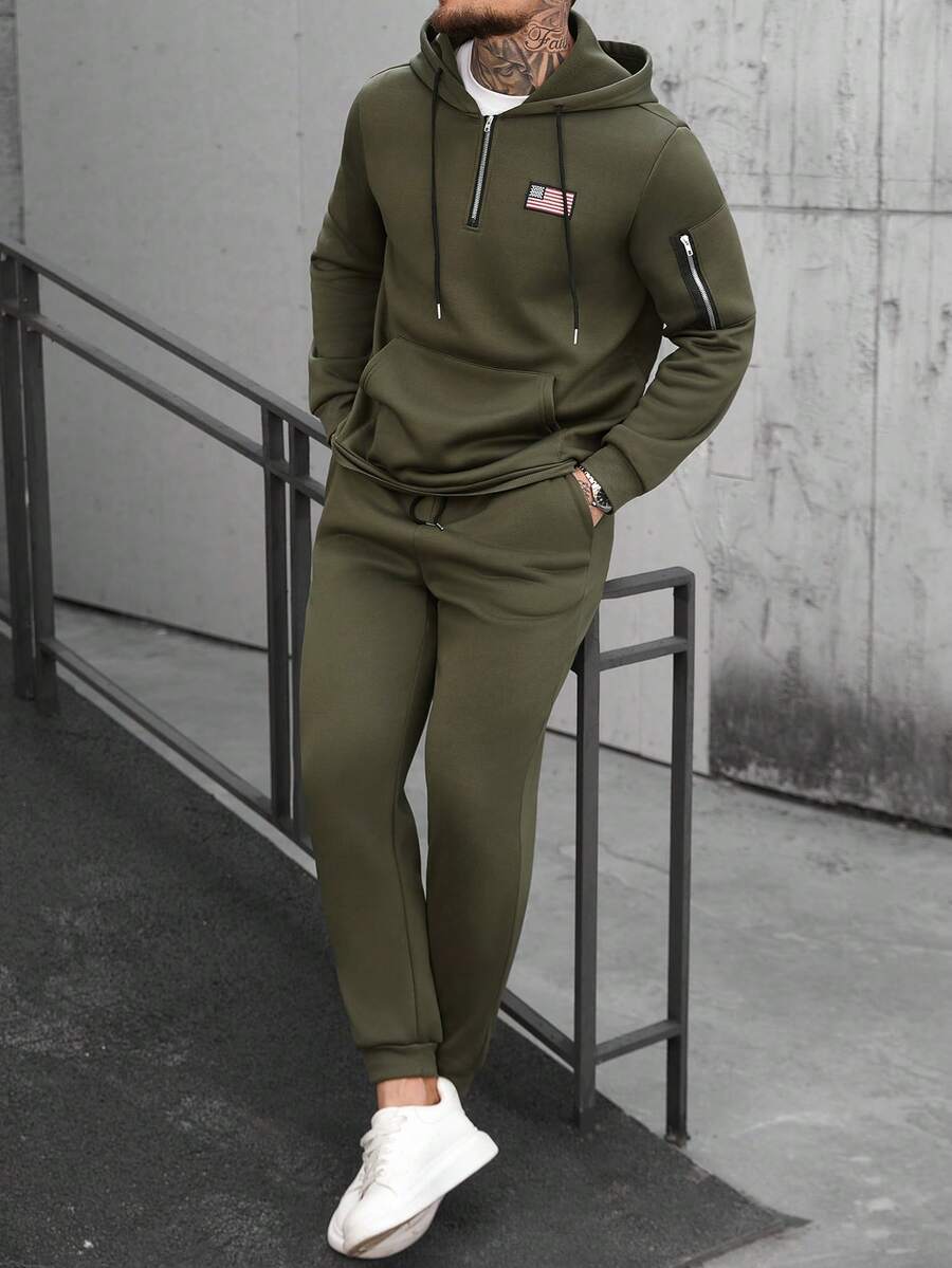 Manfinity Homme بدلة رياضية رجالية مكونة من بلوزة كنغر ذات جيب وسروال بخصر مطاطي، مزينة بطرز علم وطني، أكمام طويلة، مناسبة للاستخدام اليومي والرحلات - أخضر عسكري - مشاهدة 1
