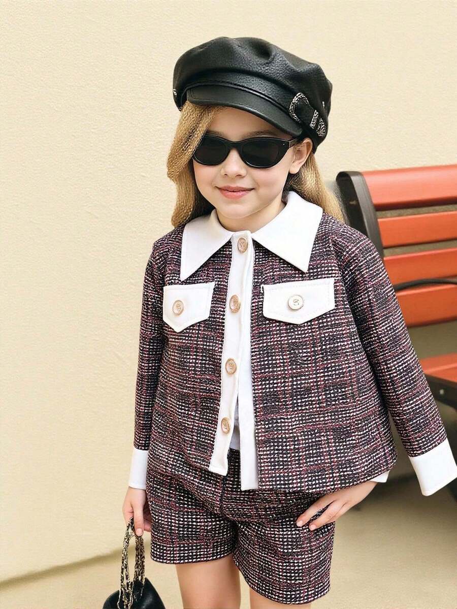SHEIN Elladie kids 女童可爱黑白长袖假口袋设计外套搭配舒适运动短裤,秋冬套装 - 粉色 - 查看 1