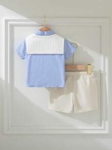 Souflis Souflis Set de 3 piezas de camisa de manga corta a rayas con cuello chal y pantalones cortos de cintura elástica para niño pequeño, versátil y cómodo, adecuado para ir a la escuela, casual, vacaciones, bodas y otras ocasiones, tallas de 6 meses a 3 años, ropa para niños, ropa para bebés, camisa para niños pequeños, pantalones cortos para niños pequeños - Multicolor - Ver 3