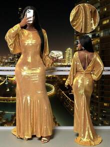 BamGleam 女士秋冬性感露背金属色美人鱼长款派对连衣裙 - 金色 - 查看 2