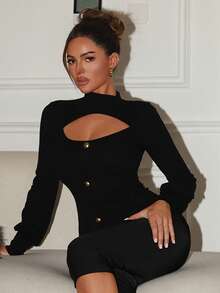 DAZY 镂空立领金属扣装饰修身优雅黑色长袖T恤，女士款，适合情人节、新年、圣诞节、婚礼和派对等场合。Y2K风格 - 黑色 - 查看 11