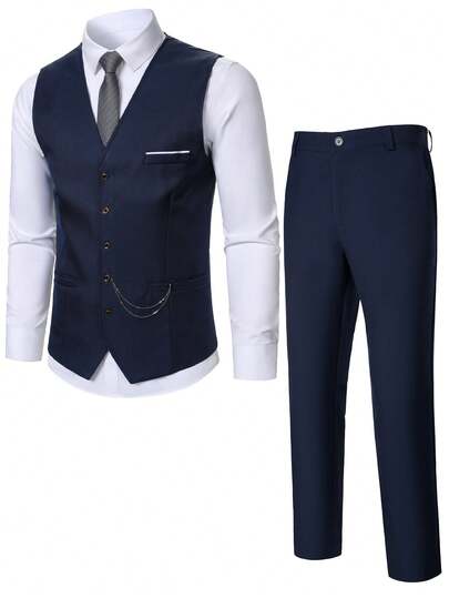 Manfinity Mode Esencial de caballero, uso diario casual, traje de chaleco y pantalones de estilo británico a juego para hombres de una sola hilera