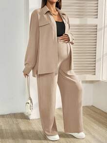 SHEIN 2件套孕妇休闲纯色衬衫和裤子套装，秋季 - 卡其色 - 查看 4