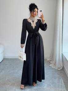 Franclia 女士长款连衣裙，刺绣拼接复古设计 - 黑色 - 查看 4