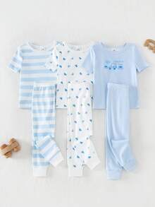 6件套男婴休闲舒适柔软针织T恤和裤子睡衣套装，可爱汽车卡通印花，日常穿着 - 彩色 - 查看 1