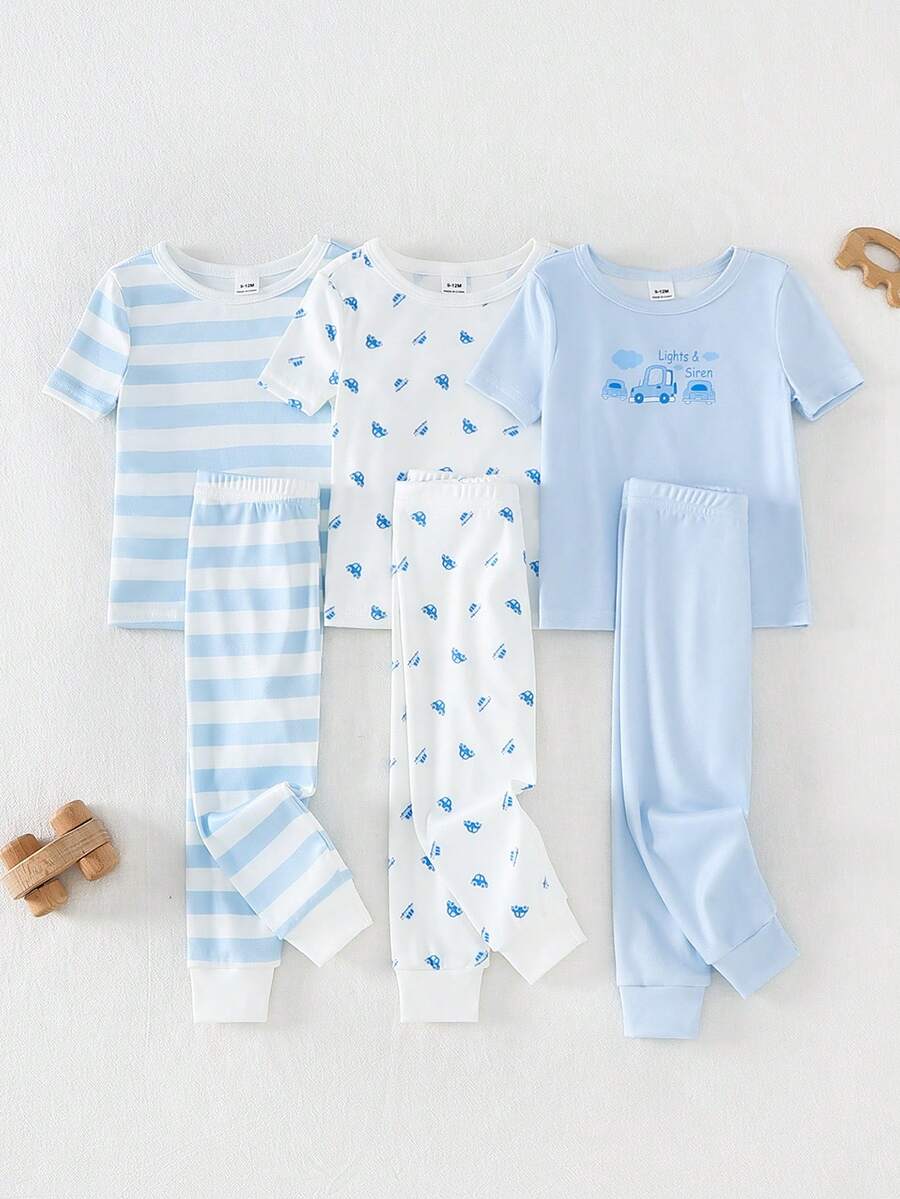 6件套男婴休闲舒适柔软针织T恤和裤子睡衣套装，可爱汽车卡通印花，日常穿着 - 彩色 - 查看 1