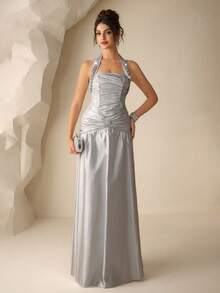 Coutiva 女士闪亮褶皱腰部露背水钻装饰正式长款晚礼服 - 銀色 - 查看 3